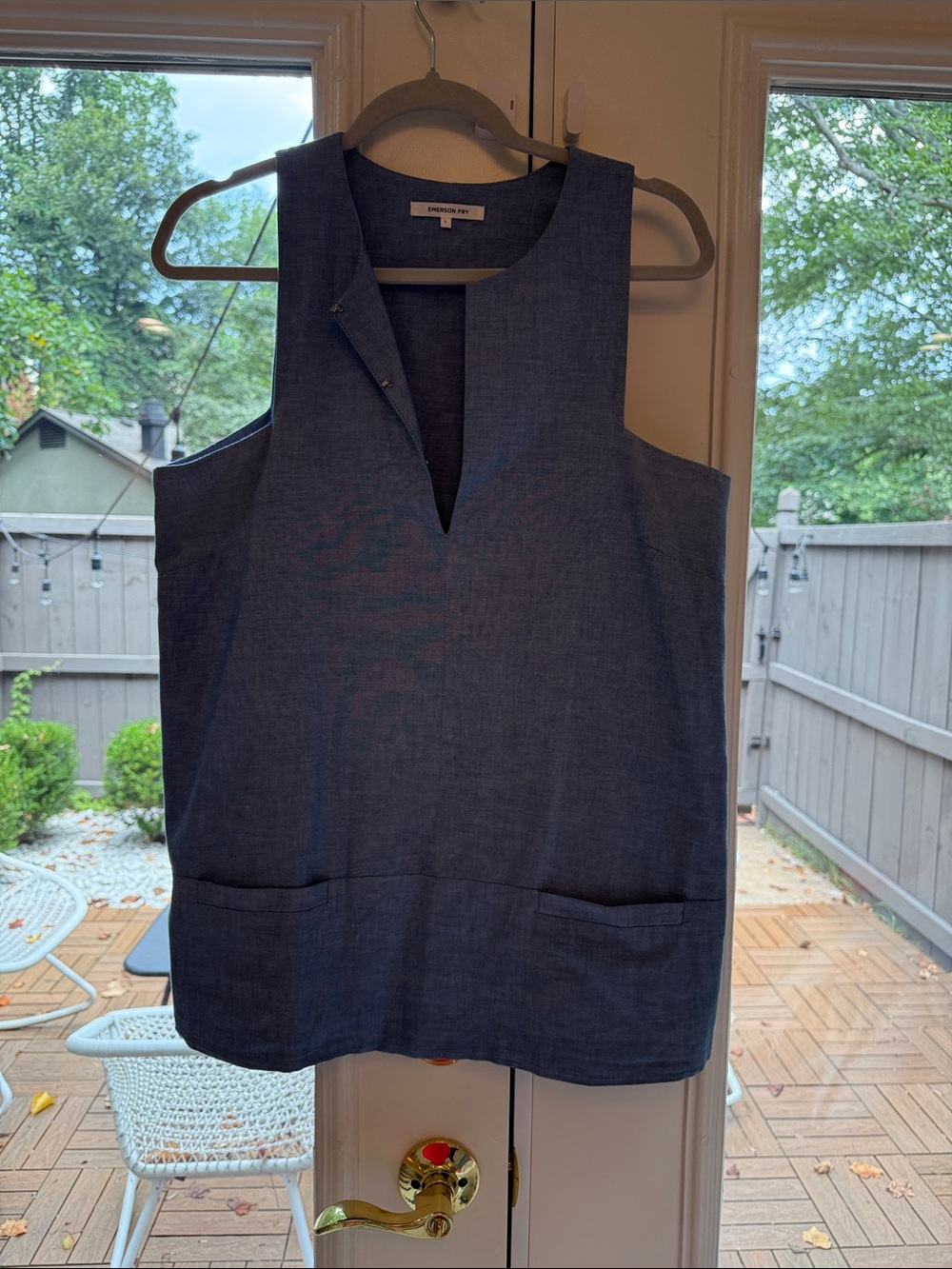 Emerson Fry Sleeveless Denim Blue Tunic Top with Front V-Neck